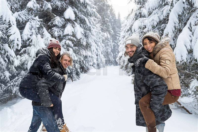 Friends Group Two Playful Couple Snow Forest Young People Outdoor Winter Pine Woods, stock photo