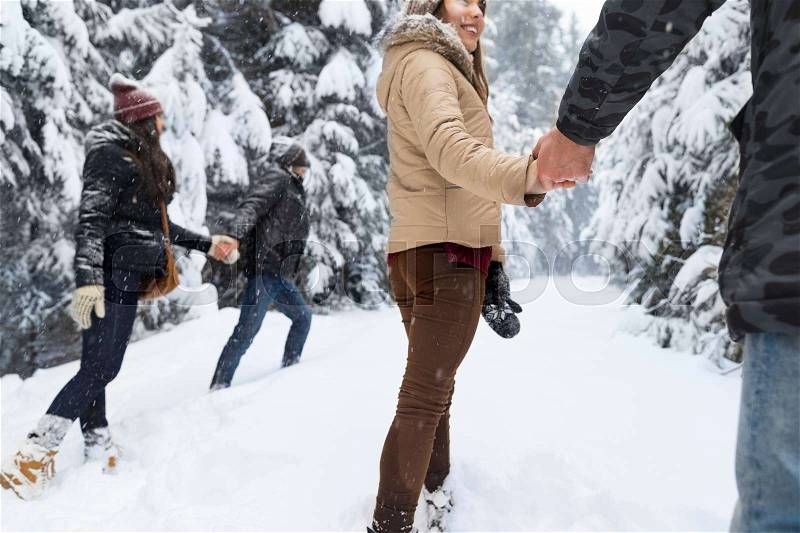 Friends Group Two Couple Snow Forest Young People Walking Outdoor Winter Pine Woods, stock photo