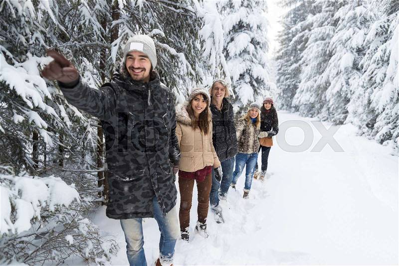 Man Lead Friends Group Snow Forest Young People Walking Outdoor Winter Pine Woods, stock photo
