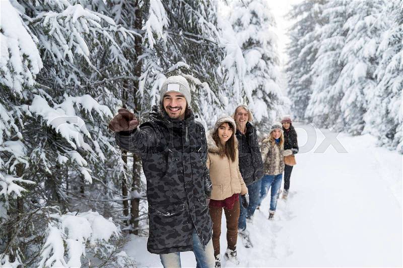 Man Lead Friends Group Snow Forest Young People Walking Outdoor Winter Pine Woods, stock photo
