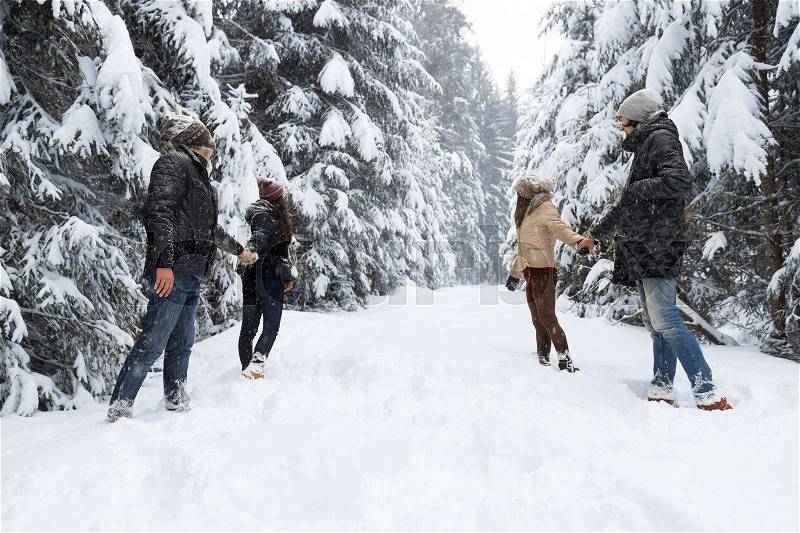 Friends Group Two Playful Couple Snow Forest Young People Outdoor Winter Pine Woods, stock photo