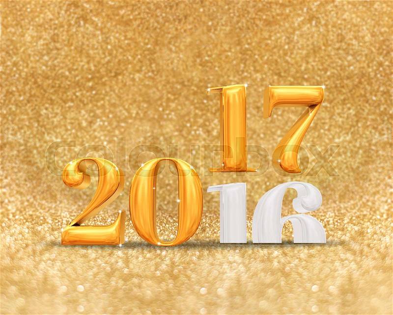 3d rendering golden color 2016 number year change to 2017 year at golden sparkling glitter room background,Holiday greeting card, stock photo