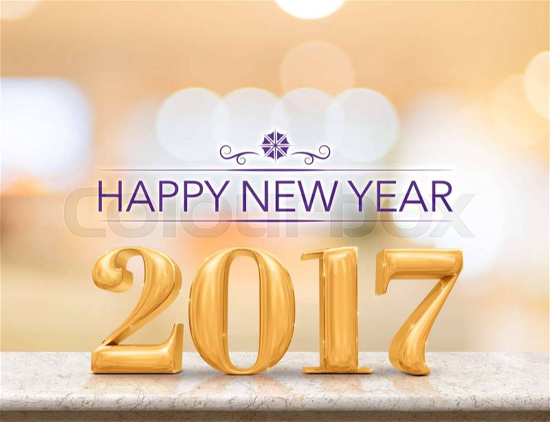 Happy new year 2017 (3d rendering) new year on marble table top with blur abstract bokeh background,Holiday greeting card, stock photo