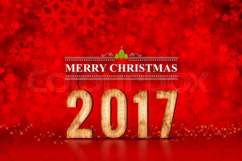 Merry Christmas 2017 number at red sparkling bokeh lights,leave space for adding content,holiday greeting card, stock photo