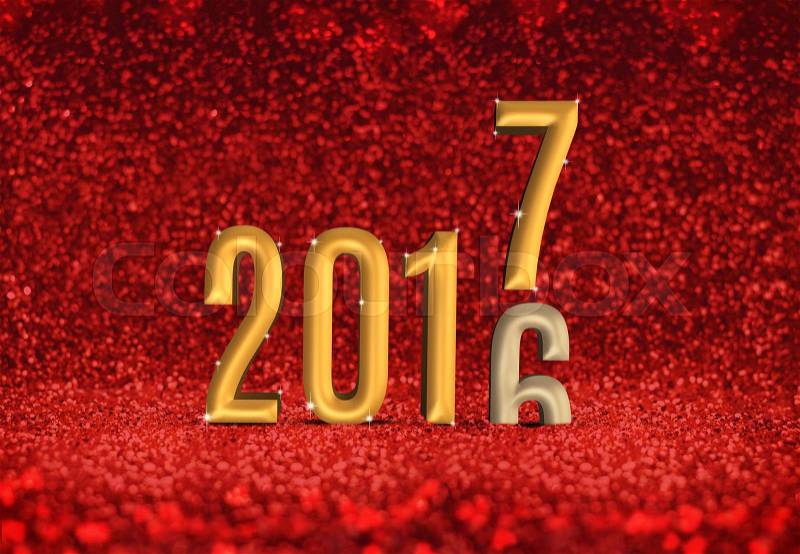 2016 year change to 2017 year (3d rendering) in red glitter abstract background,Holiday greeting card, stock photo