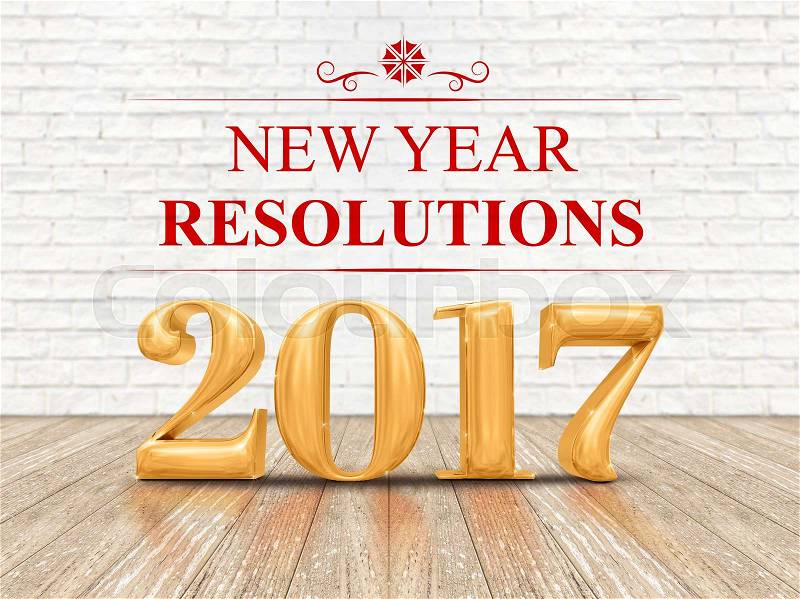 2017 new year resolutions golden color (3d rendering) on white brick wall and wood floor room,Holiday card, stock photo