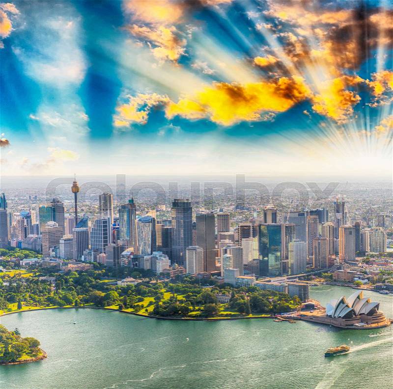 Sydney aerial skyline, Harbour area, stock photo