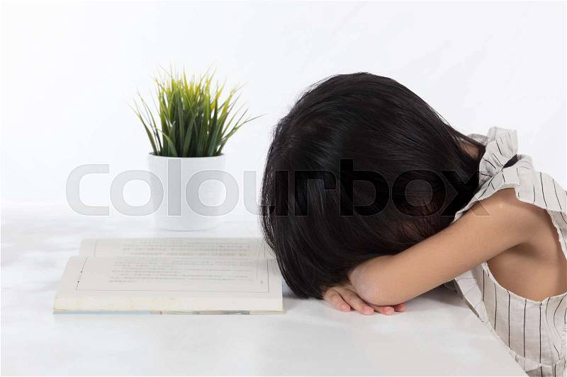 Boring Asian Chinese little office lady with book in isolated white background, stock photo