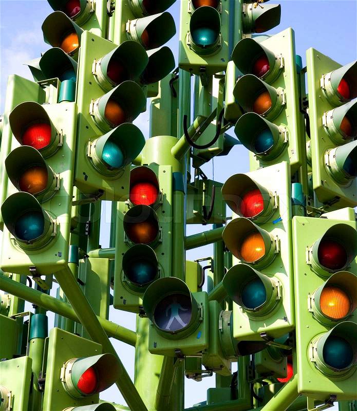 Confused Traffic Signals At A Busy Intersection, stock photo