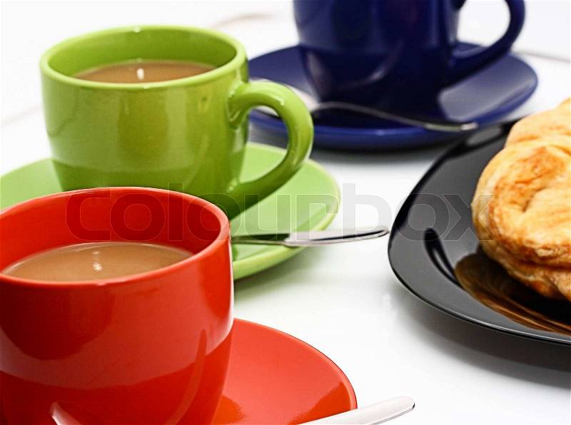 Croissants And Coffee For Well Deserved Break In The Office, stock photo