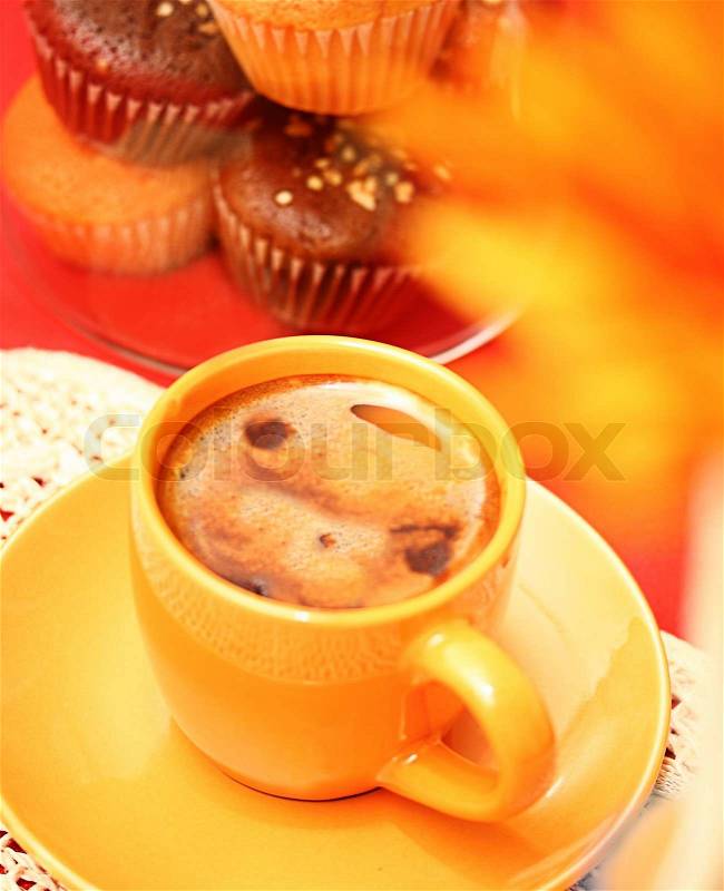 Cup Of Coffee And Some Cupcakes For Afternoon Snack, stock photo