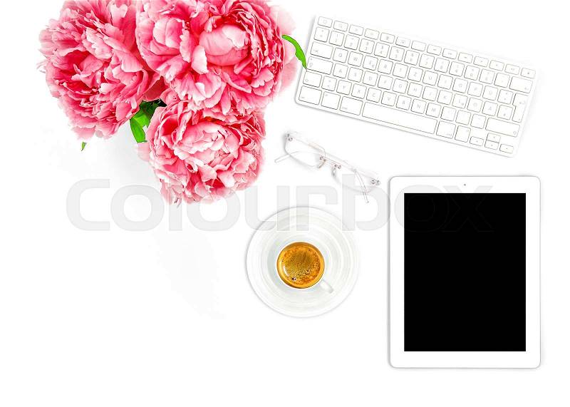 Digital Tablet PC, Keyboard, Cup of Coffee. Home office workplace business woman. Flat lay for social media blogger, stock photo