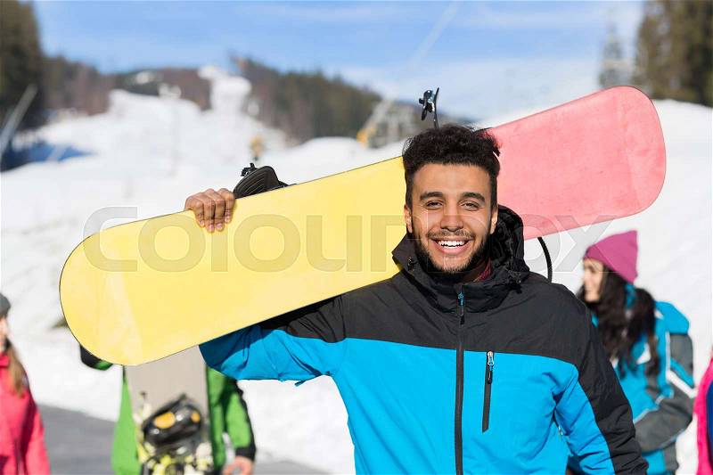 Hispanic Man Tourist Snowboard Ski Resort Snow Winter Mountain Happy Smiling Guy On Holiday Extreme Sport Vacation, stock photo