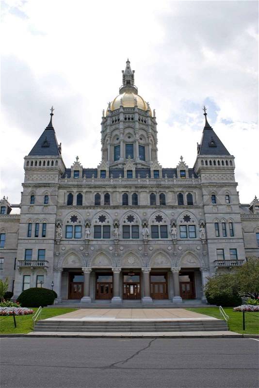 Front view of the golden-domed capitol building in Hartford Connecticut, stock photo