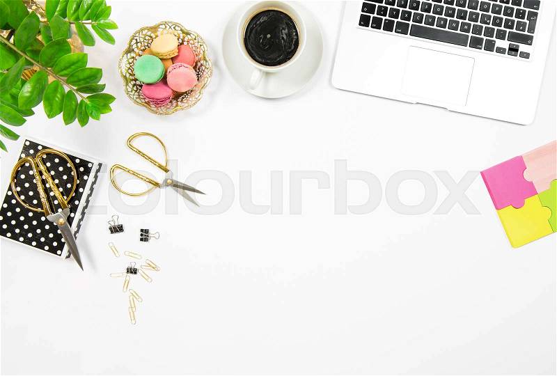 Flat lay Office desk workplace. Coffee, cookies, laptop computer, note paper on white table background, stock photo
