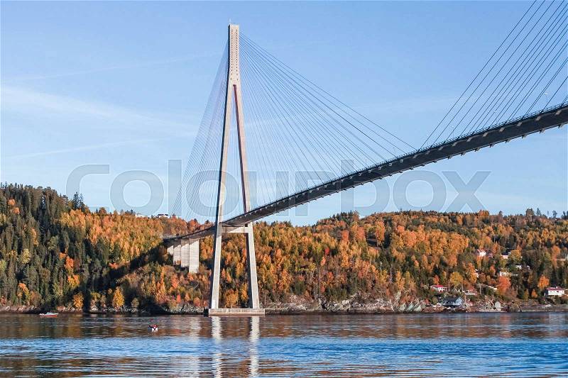 Skarnsund Bridge, concrete cable-stayed bridge in Norway, stock photo