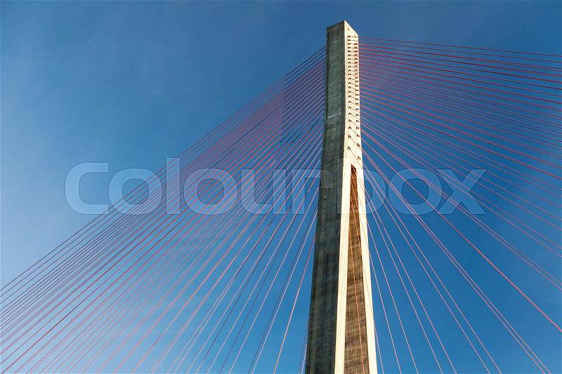 Skarnsund Bridge upper fragment, modern automotive cable-stayed bridge in Norway, stock photo