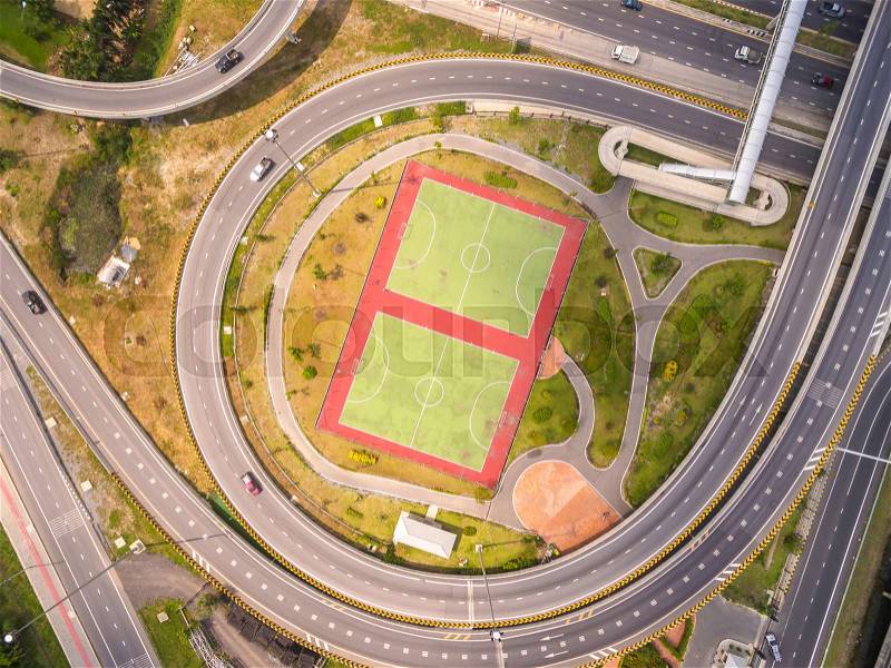 Top view over outdoor sports court, Aerial view over the road and highway, Shot from drone, stock photo