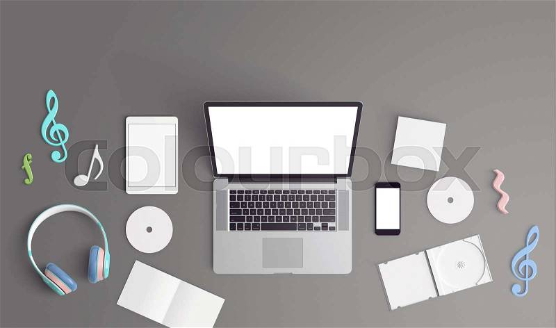 Creative mock up laptop , tablet, smartphone ,music cover cd, stock photo