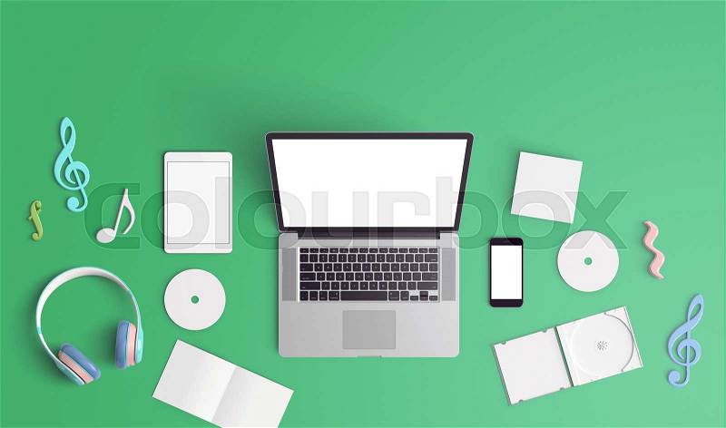 Creative mock up laptop , tablet, smartphone ,music cover cd, stock photo