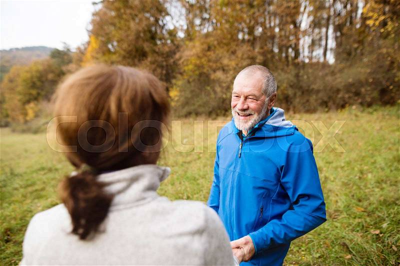 Beautiful active senior runners resting outside in sunny autumn nature, stock photo