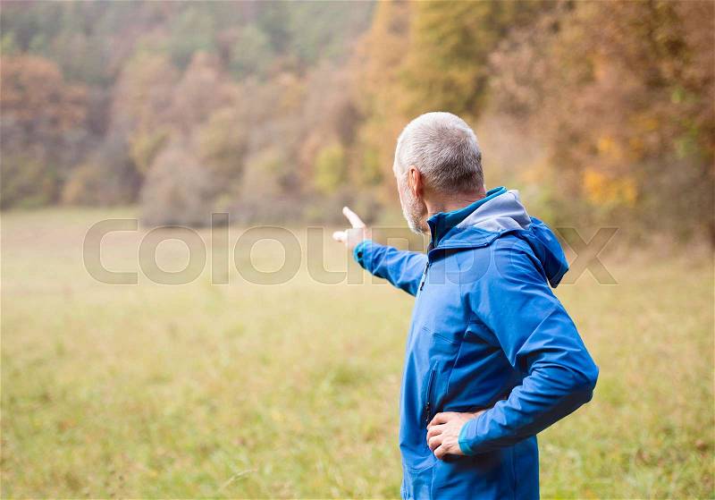 Senior runner in blue jacket resting outside in sunny autumn nature, pointing at something with his finger, stock photo