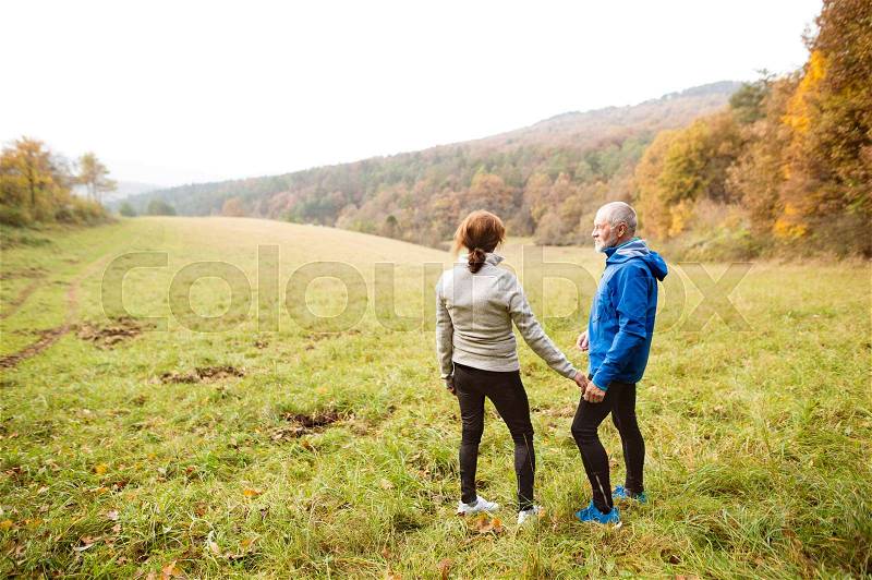 Beautiful active senior runners resting outside in sunny autumn nature, holding hands, stock photo