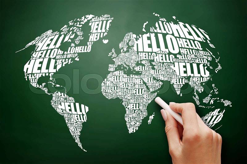 HELLO Word Cloud World Map in Typography, business concept on blackboard, stock photo