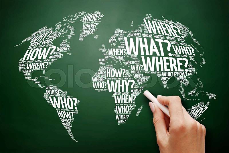Question Words World Map in Typography word cloud, business concept on blackboard, stock photo
