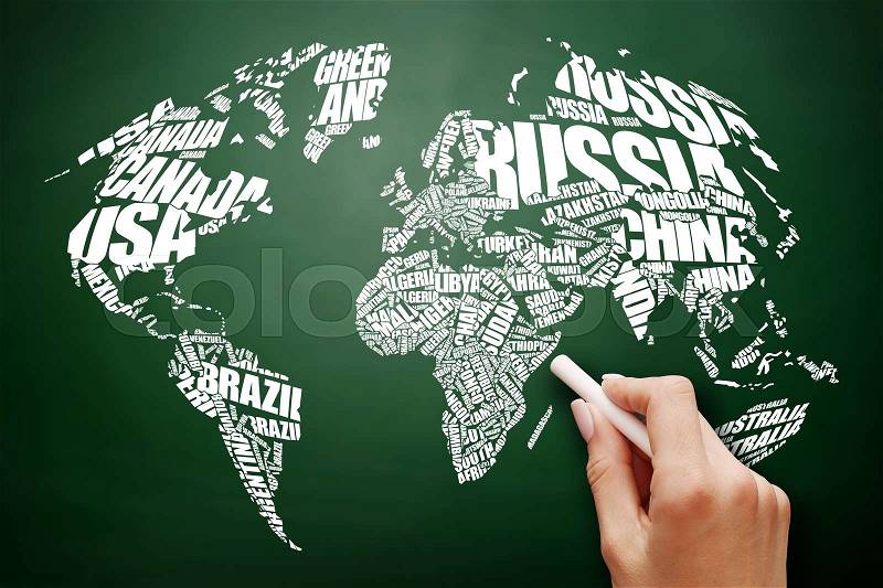 World Map in Typography word cloud concept, names of countries, business concept on blackboard, stock photo