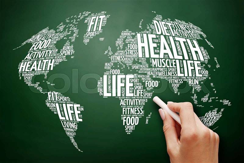 Health and Life World Map in Typography, sport, health, fitness word cloud , health concept on blackboard, stock photo