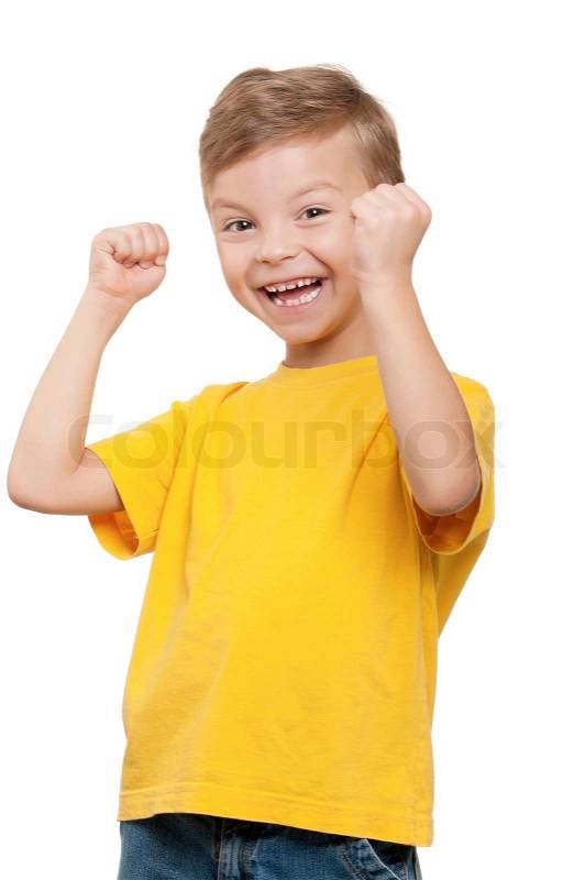 Happy little boy celebrating success ... | Stock Photo | Colourbox