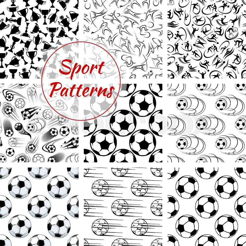 Sport patterns set. Vector seamless background of balls soccer, volleyball, rugby. Fitness, sports skiing, golf, skating, cycling, weightlifting, running, polo swimming, vector