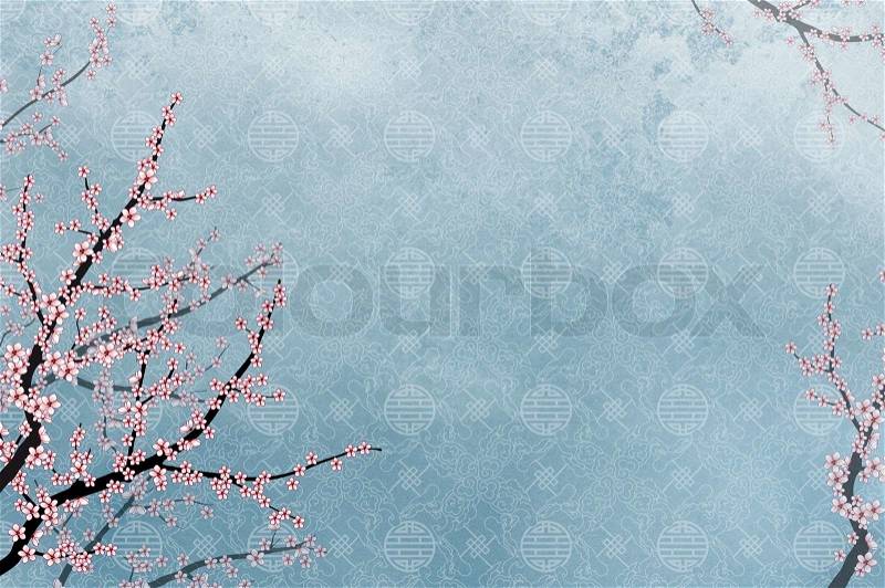 Ornamental cherry tree and chinese pattern filigree with place for text or image, stock photo