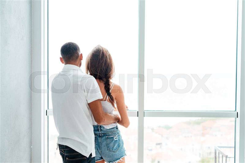 Back view of beautiful young couple standing and hugging near the window, stock photo