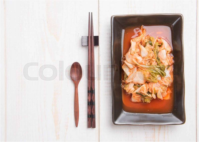 Kimchi(napa cabbage) korean traditional food on wood background,top view, stock photo