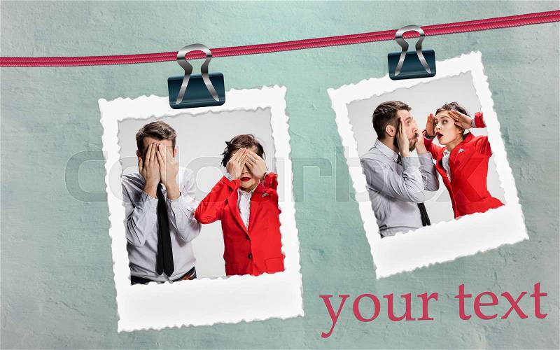 The young couple with different emotions during conflict on gray background. Collage, stock photo