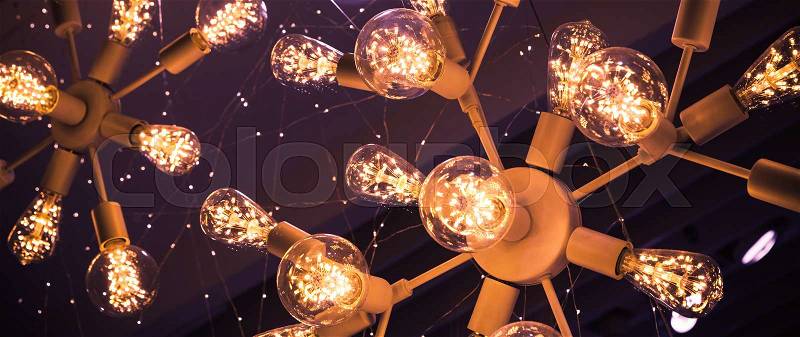 Abstract interior fragment. Stylized illumination system with modern LED lamps in glass shells, stock photo