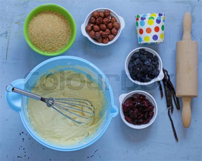 Ingredients for baking cakes and muffins on the table, stock photo