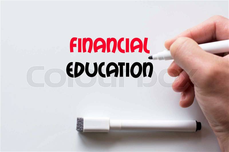 Human hand writing financial education on whiteboard, stock photo