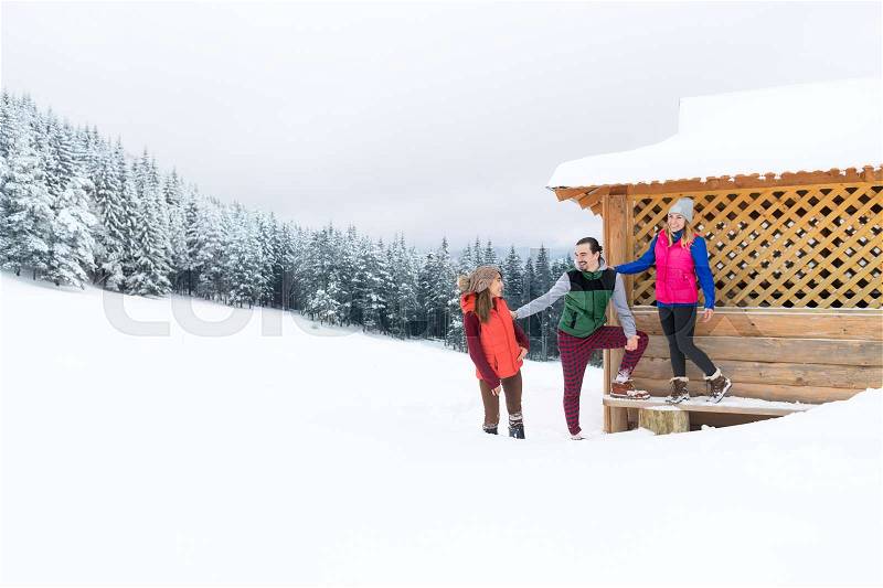 People Group Near Wooden Country House Winter Snow Resort Cottage Friends On Vacation, stock photo
