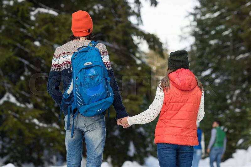 Romantic Couple Snow Forest Outdoor Winter Walk Man And Woman Holding Hands Back Rear View Pine Woods, stock photo