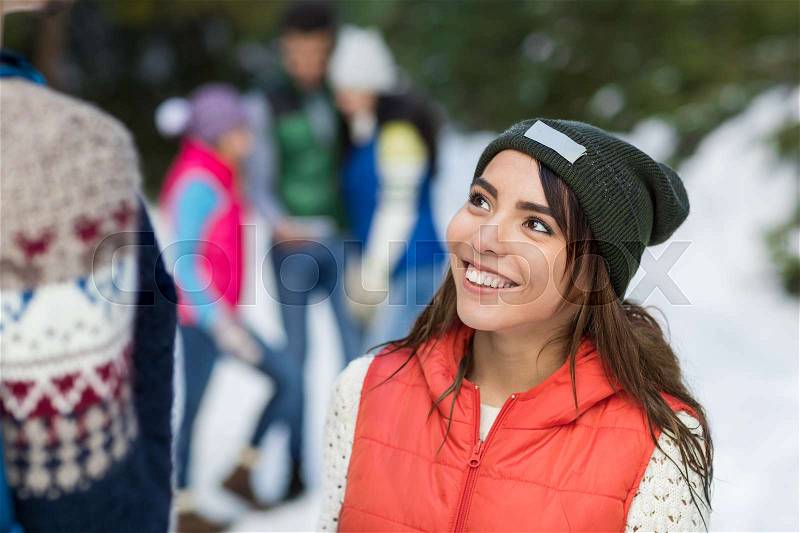 Asian Woman Snow Forest Happy Smiling Young People Group Walking Outdoor Winter Pine Woods, stock photo