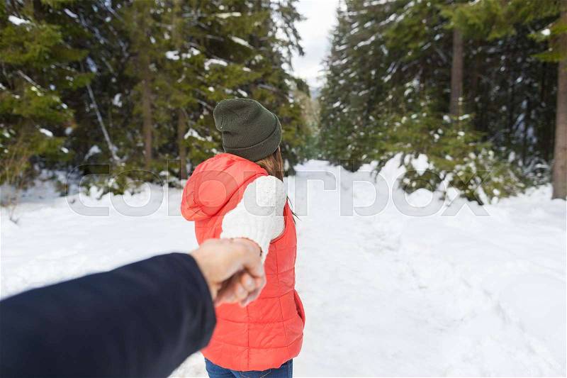 Woman Hold Man Hand Romantic Couple Snow Forest Outdoor Winter Walk Pine Woods, stock photo
