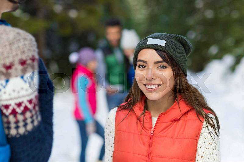Asian Woman Snow Forest Happy Smiling Young People Group Walking Outdoor Winter Pine Woods, stock photo