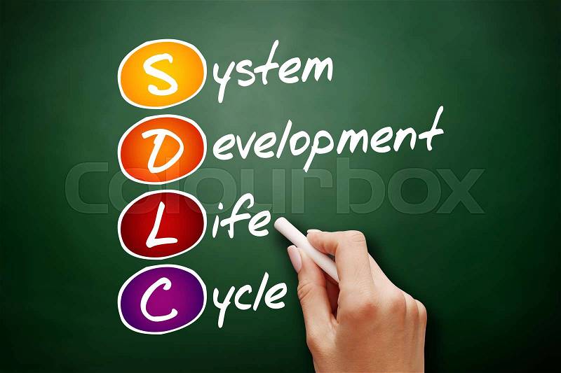 Hand drawn SDLC - System Development Life Cycle, acronym concept on blackboard, stock photo