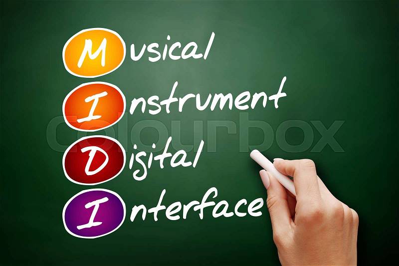 Hand drawn MIDI Musical Instrument Digital Interface, acronym concept on blackboard, stock photo