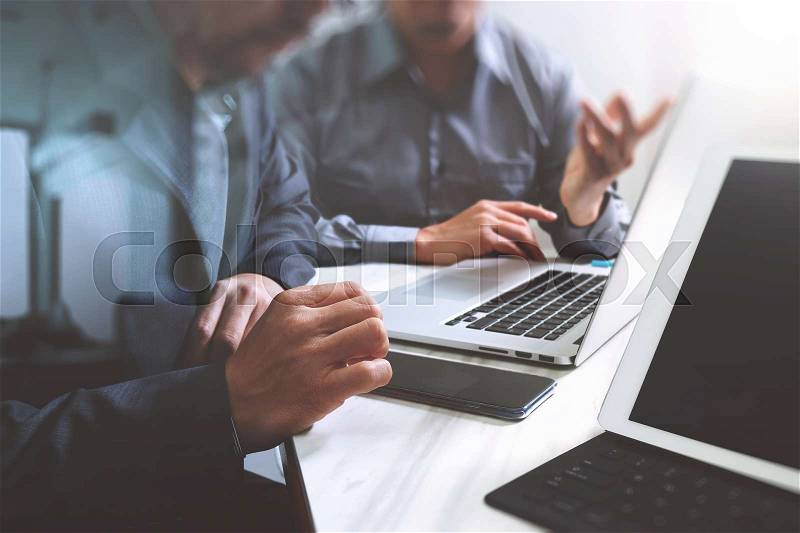 Business team meeting. Photo professional investor working new start up project. Finance task.Digital tablet docking keyboard laptop computer smart phone using, filter film effect, stock photo