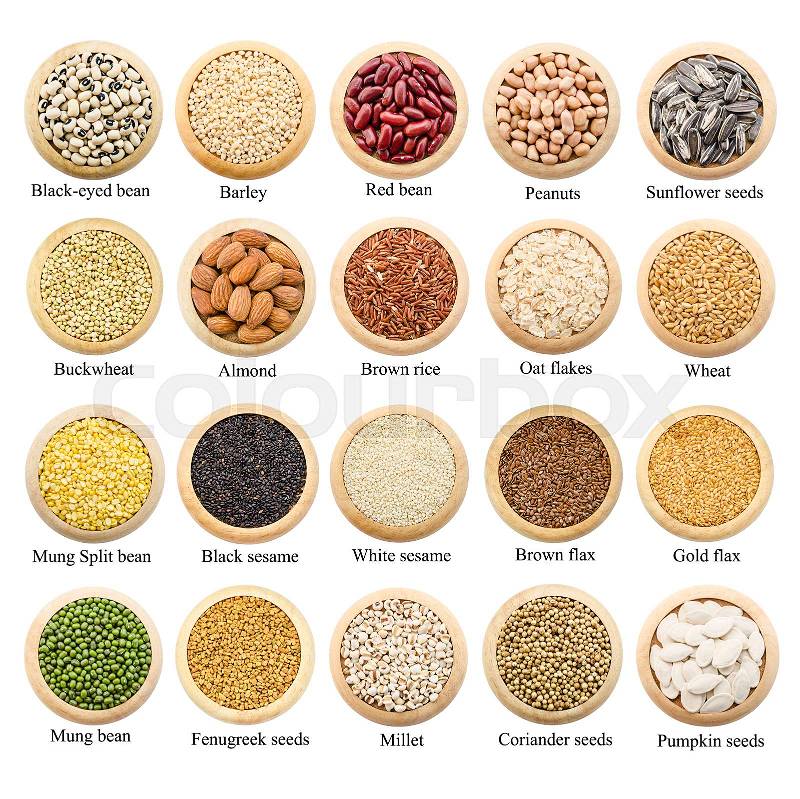 Dried grains, peas and rice collection with titles, isolated over white background, stock photo