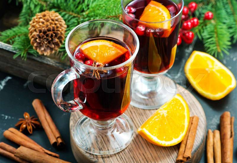 Christmas drink with fruits and aroma spice, stock photo
